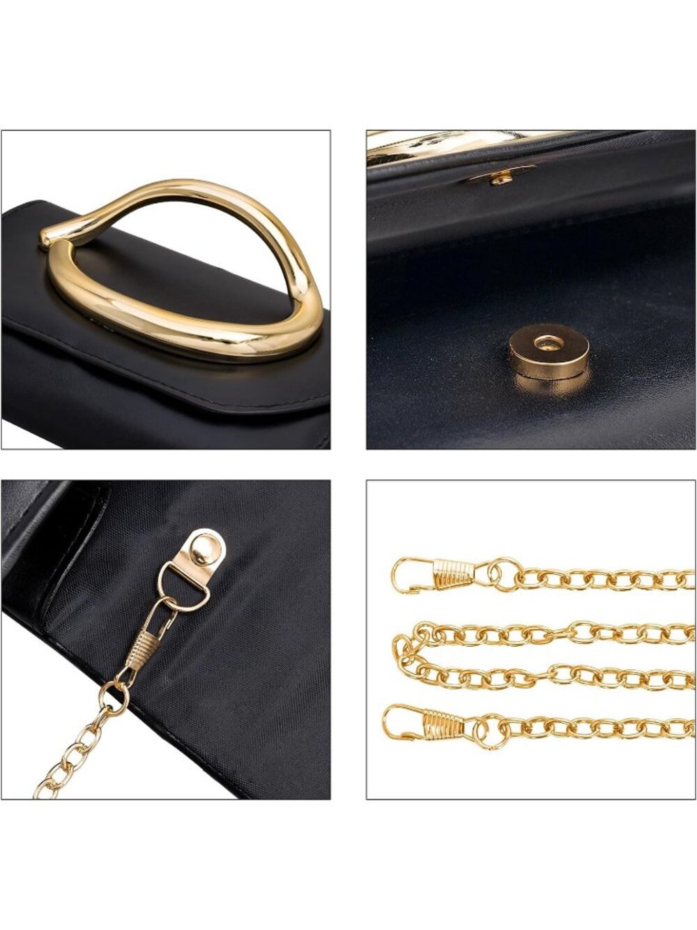 Women's Black Leather Clutch Purse For Gold Handle Evening Wedding Party Bag - Picture 6 of 7